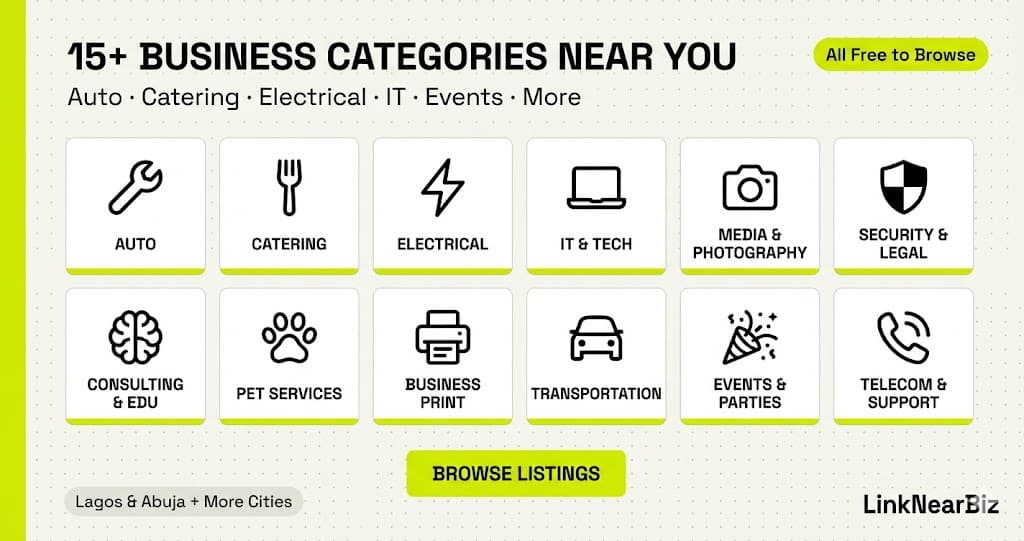 Business categories near me in Nigeria — LinkNearBiz 15+ service categories